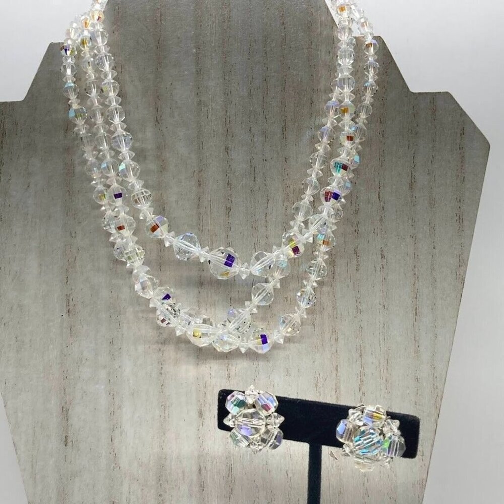 Vintage Aurora Borealis Set‎ Graduated Bead 25" Necklace Clip On Earrings